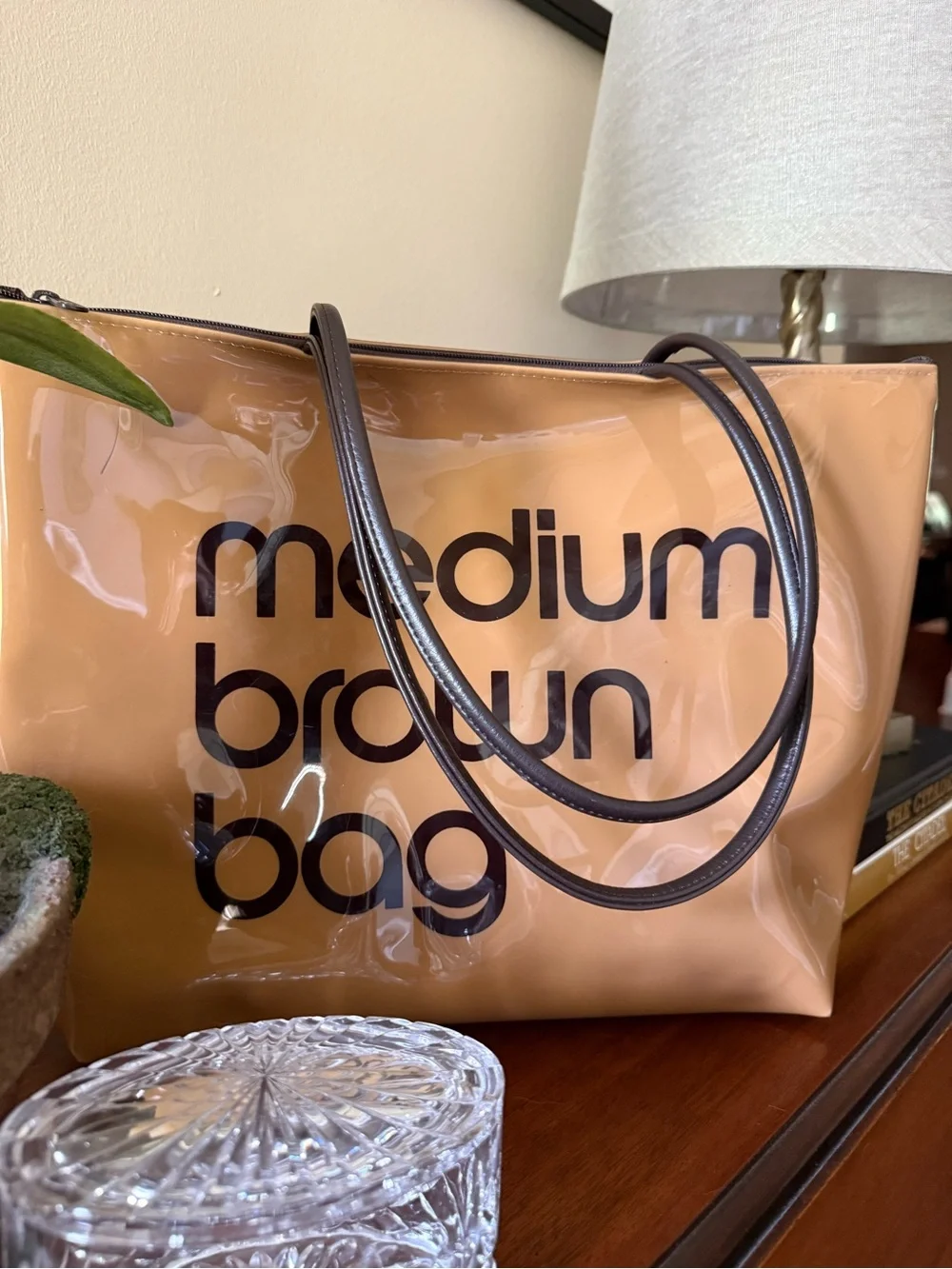 Bloomingdales Medium Brown Bag Tote PVC Reusable Shopping Bag Glossy Zip Top